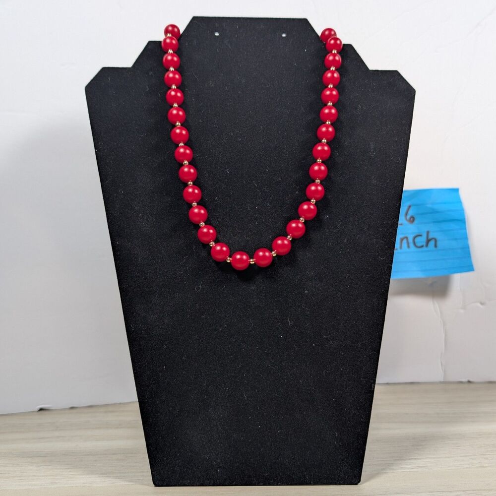 16" Red Beaded Necklace Gold Tone Spacer Beads Statement Jewelry Women